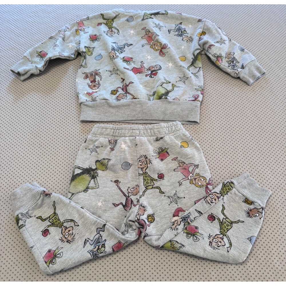 Dr. Seuss The Grinch Kids 2T Grey Heather Fleece Sweatshirt and Joggers Set